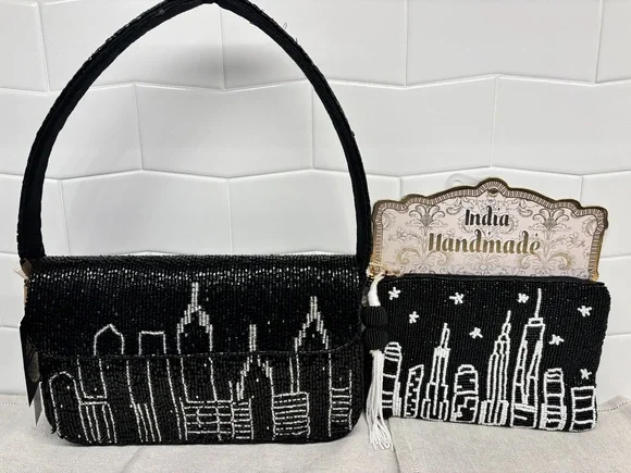 Made in India City Skyline Beaded Bundle - Shoulder Bag and Wristlet - Black - Picture 1 of 16